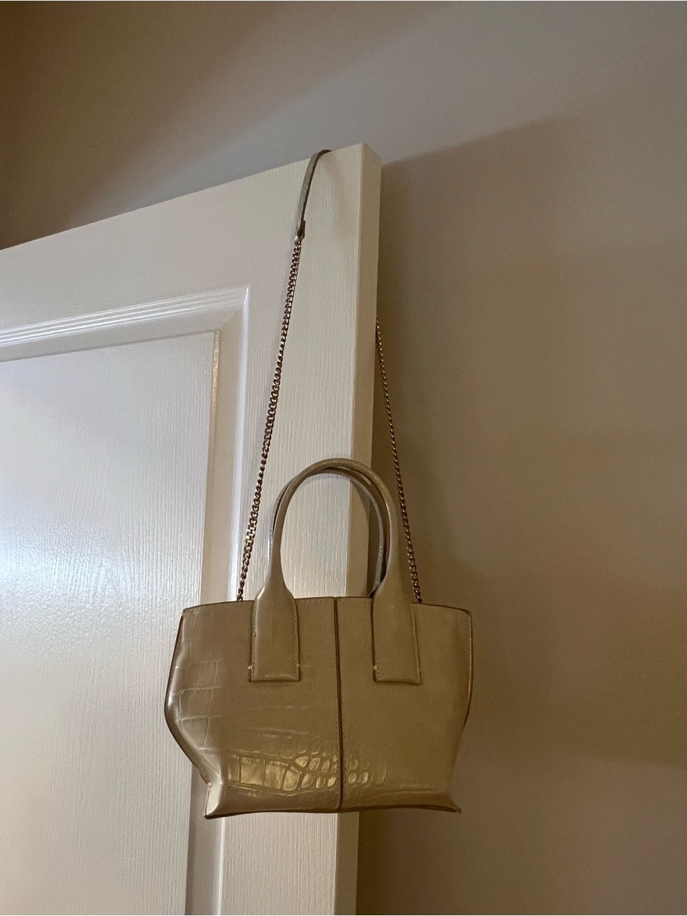 Zara Beige Croc-Embossed Mini Tote with Chain Strap
